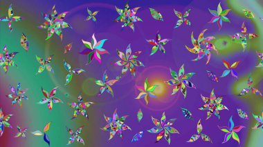 Modern çiçek arkaplanı. Parlak renkli çiçekleri olan ve mor ve yeşil renkte yaprakları olan harika bir çiçek deseni. Moda baskıları için zarif bir şablon. Halk stili.