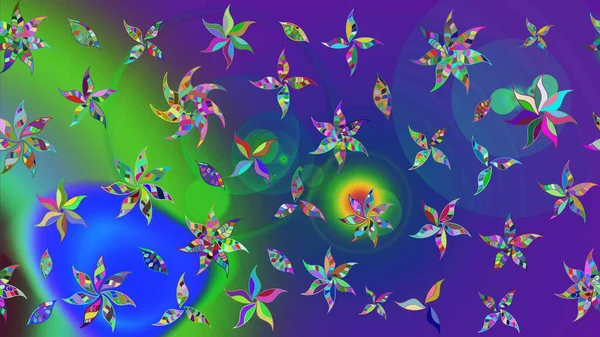 Mavili ve menekşe rengi zarif küçük çiçekler ve mavi ve mor renkli komik böcekler, raster desen, illüstrasyon.