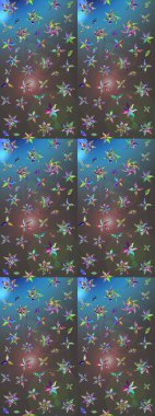 Suluboya elle çizilmiş çiçek desenli eskiz deseni. Parlak renkli fantezi çiçekleri, yapraklar, gri ve mavi renkli tomurcuklar, gri ve mavi.