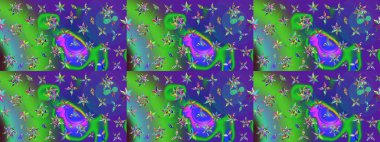 Şirin çiçekli eskiz deseni ve yeşil ve mor renkli yapraklar, suluboya çiçek deseni, duvar kağıdı, kart ya da kumaş için fayanslı. Raster illüstrasyonu.