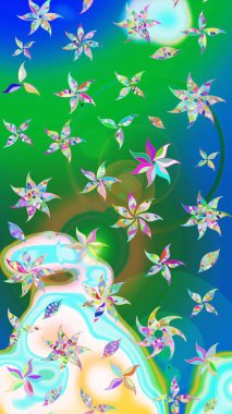 Sevimli çiçek raster deseni. Yeşil ve mavi renkte çiçekler. Renkli Bahar Teması eskiz kalıbı. Düz Çiçek Elementleri Tasarımı.