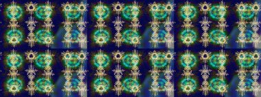 Raster - stok. Eskiz arkaplan modeli. Yapraklı çiçekler ve papatya çiçekli mavi, yeşil ve gri renkler.