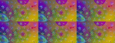 Düz Çiçek Elementleri Tasarımı. Raster illüstrasyonu. Yeşil ve kahverengi renkli çiçekler. Çiçek desenli çizim. Renkli Bahar Teması eskiz kalıbı. Asya tekstil tarzında.