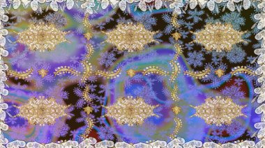 Menekşe renklerinde, altın elementli, pürüzsüz bir desen. Şam tasarım için kusursuz desen.