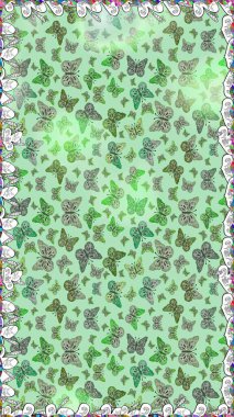 Raster illüstrasyonu. Kusursuz desen. Yeşil ve nötr renklerdeki güzel renkli kelebekler. Kumaş, tekstil, baskı ve davet için arkaplan.