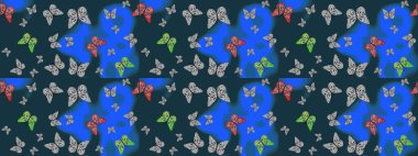 Mavi ve gri lekeli güzel bir kelebek kumaşı. Bahar Kelebeği teması. Duvar kağıdı için böcek dokusunun tekrarı. Raster illüstrasyonu.