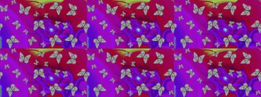 Bahar ve yaz tropikal kelebek eskiz deseni mor ve mor renklerde. Kelebek gölgeleri ve siluetler. Kumaş, kağıt ve ambalaj için uygun. Raster illüstrasyonu.