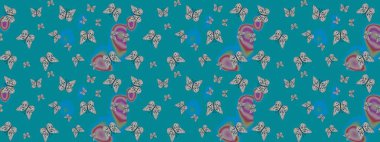 Renkli Kelebeklerle Bahar Arkaplanı. Kart, Davetiye ve Yazdırma için Basit Güzel Kalıp. Güzel Kelebek Siluetleriyle Moda Dekorasyonu. Güveli Raster Arkaplanı.