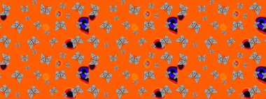 Renkli sevimli kelebek. Eskiz kalıbı arka planı. Turuncu ve gri renkli resimler. Yüzey dokuları, duvar kağıtları, web sayfası geçmişi, tekstil için mükemmel. Raster illüstrasyonu.