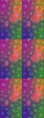 Mor ve yeşil renklerde. Raster illüstrasyonu. Mor ve yeşil renkte mor ve yeşil papatyalar deseni.