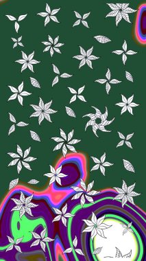 Raster illüstrasyonu. Yeşil ve nötr renklerde çiçekler. Çiçek desenli eskiz, vuruşlar, sıçramalar, yaz çiçekleri..