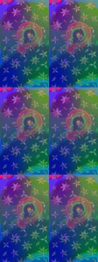 Raster illüstrasyonu. Mavi ve yeşil renklere karalamalar çizilmiş çiçek deseni.