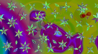 Raster hisseleri. Suluboya, elle çizilmiş. Yeşil ve mor üzerine çiçekler. Taslak arkaplan deseni.