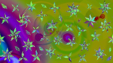 Raster illüstrasyonu. Yeşil ve mor renkli çiçekler. Yeşil ve mor renkli çiçek çizimi. Çiçek deseni. Şatafatlı bahar bahçesi dokusu.