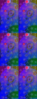 Varyete ve mavi raster çizimi. Birçok mor ve mavi soyut çiçekli tropik eskiz deseni. Küçük çiçekte sevimli çiçek deseni var..