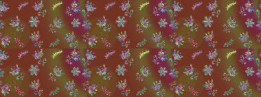 Kahverengi, yeşil ve mor zarif küçük çiçekler ve kahverengi, yeşil ve mor renkli komik böcekler, raster desen, illüstrasyon.