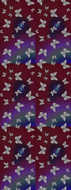 Kahverengi ve mor arka planda kelebek desenli çizim. Kumaş, Tekstil, Baskı ve Davetiye için arka plan. Raster illüstrasyonu.