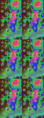 Şirin çiçekli eskiz deseni ve yeşil ve mavi renkli yapraklar, suluboya çiçek deseni, duvar kağıdı, kart ya da kumaş için fayanslı. Raster illüstrasyonu.