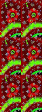 Kırmızı ve yeşil renkte etnik çiçeklerle süslenmiş zarif bir eskiz şekli. Asya Tekstil 'inde Raster Çiçek İllüstrasyonu.