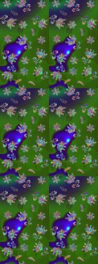 Parlak çiçekli kolaj çiçekleri yeşil ve mor. Çiçek tasarımı için inanılmaz bir kolaj cenneti tarzı. Çiçekli zambaklar eskiz arka planı.