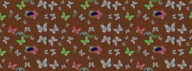 Kahverengi ve gri arka planda kelebekler. Kağıt, kumaş ve ambalaj için uygun. Çizim kalıbı. Raster..
