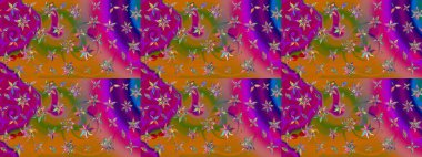 Çocuksu tasarım. Elle çizilmiş çiçek desenli Raster çizimi. Tekstil, kumaş, ambalaj, hatıra defteri için hoş bir çiçek arkaplanı. Mor ve turuncu arkaplanda.