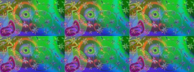 Patlayan çiçekler soyut olarak yerleştirilmiş. Raster deseni. Yumuşak, bahar çiçekleri yeşil ve mavi renklerde. Raster illüstrasyonu.