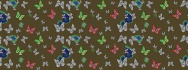 Renkli sevimli kelebek. Eskiz kalıbı arka planı. Yeşil ve gri renkli resimler. Yüzey dokuları, duvar kağıtları, web sayfası geçmişi, tekstil için mükemmel. Raster illüstrasyonu.