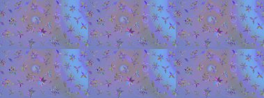 Mor ve mavi zarif küçük çiçekler ve menekşe ve mavi renklerdeki komik böcekler, raster desen, illüstrasyon.