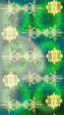 Raster illüstrasyonu. Kar tanelerinin soyut arkaplanlı Noel şablonu. Yeşil, nötr ve mavi renkler. Noel ve Yeni Yıl moda baskıları için tatil tasarımı.