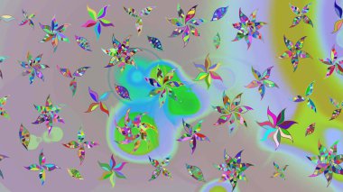 Tarafsız ve gri renklerdeki çok renkli ve gri zarif küçük çiçekler ve komik böcekler, raster desen, illüstrasyon.