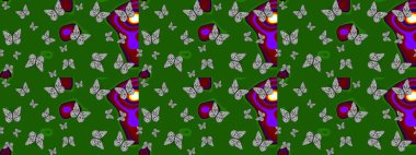 El çizimi kelebekli moda raster yaz deseni. Kağıt, kumaş, ambalaj kağıdı ve duvar kâğıdı tasarımı için hoş bir arkaplan. Çizim kalıbı. Raster illüstrasyonu.