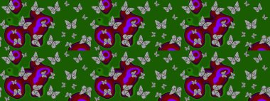 Tekstil baskısı için ekose kelebek. Yeşil ve gri renklerin çizimi. Karala, karala, karala. Çizim kalıbı. Raster illüstrasyonu.