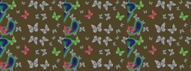 Şirin kelebek yeşil ve gri raster desenli. Giysi tasarımı için dekorasyon. Çizim.