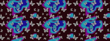 Kahverengi ve mavi arka planda kelebek desenli çizim. Kumaş, kağıt, ambalaj kâğıdı ve duvar kağıdı tasarımı için hoş bir arka plan. Raster illüstrasyonu.
