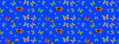 Renkli kelebeklerin güzel arka planı. Elle çizilmiş illüstrasyon. Kıyafetler, erkekler, kızlar ve duvar kağıtları için soyut çizim kalıbı. Raster..