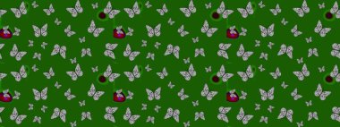 Yeşil ve gri arka planda kelebek desenli çizim. Kumaş, Tekstil, Baskı ve Davetiye için arka plan. Raster illüstrasyonu.