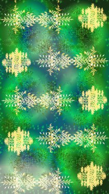 Yüzey için tekrarlanan doku, ambalaj kağıdı, yeşil, mavi ve nötr renkler üzerine kar tanesi. Kış kar taneleri, raster arka plan.