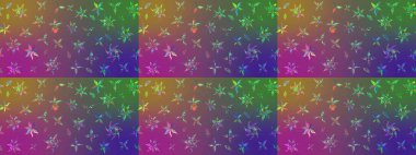 Düz Çiçek Elementleri Tasarımı. Renkli Bahar Teması eskiz kalıbı. Sevimli çiçek raster deseni. Mor ve yeşil renkte çiçekler.