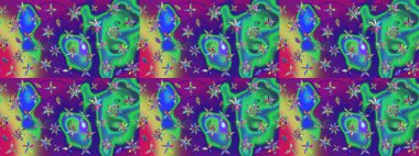 Raster illüstrasyonundaki çiçek desenli çizim. Çiçekler suluboya tarzında yeşil ve mor renkte.