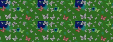 Kelebekli renkli folklor deseni. Paketleme, kağıt ve kumaş için uygun. Yeşil ve gri arka planda renkli kelebekler.