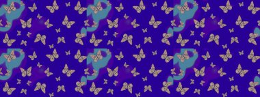 Kelebek. Mavi ve menekşe arkaplanda izole edilmiş web tasarımı için renk çizgisi raster seti. Çizim.