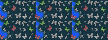 El çizimi, suluboya desenli kelebeklerin çizimi. Mavi ve gri renkli bir resim. Raster illüstrasyonu. Klasik tarzda..