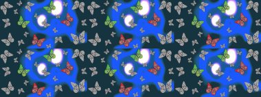 Egzotik Kelebekli Tropik çizim modeli. Moda Kumaşı Tasarımı. Mavi ve gri renkli bir resim. Raster..