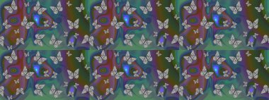 Bir sürü kelebek desenli çizim. Fantezi çizimi. Yeşil ve gri renkli resimler. Erkekler, kızlar, kıyafetler, duvar kağıtları için soyut bir model. Raster..