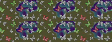 Raster çiçek desenli kelebek deseni. Kağıt, kumaş ve ambalaj için uygun. Yeşil ve gri renkli resimler.
