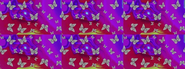 Bahar ve yaz tropikal kelebek eskiz deseni mor ve mor renklerde. Kelebek gölgeleri ve siluetler. Kumaş, kağıt ve ambalaj için uygun. Raster illüstrasyonu.