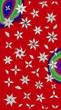 Raster deseni. Kibarca, kırmızı renkte bahar çiçekleri. Raster illüstrasyonu. Patlayan çiçekler soyut yerleştirilmiş.