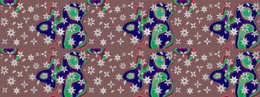 Çiçeksel çizim kalıbının yansıması. Vadinin çiçekleri kahverengi ve mavi renklerde.