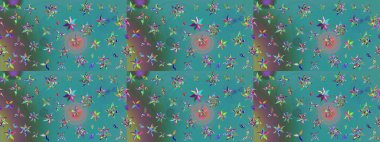 Tekstil için suluboya eskiz deseni. Şirin çiçekli, desenli, yeşil ve mavi renkli renkli bir eskiz. El çizimi çiçek çizimi deseni (fayans)).